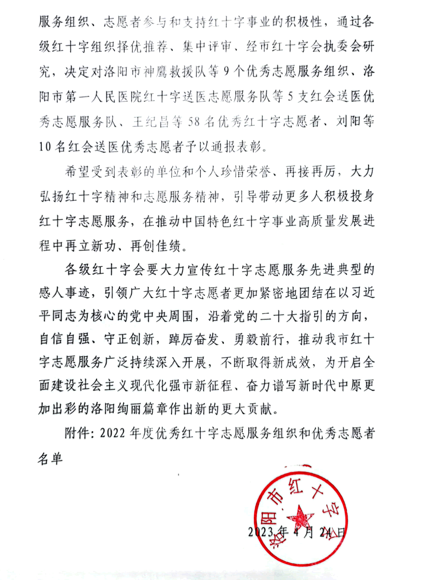 关于表彰 2022 年度优秀红十字志愿服务组织和优秀志愿者的决定